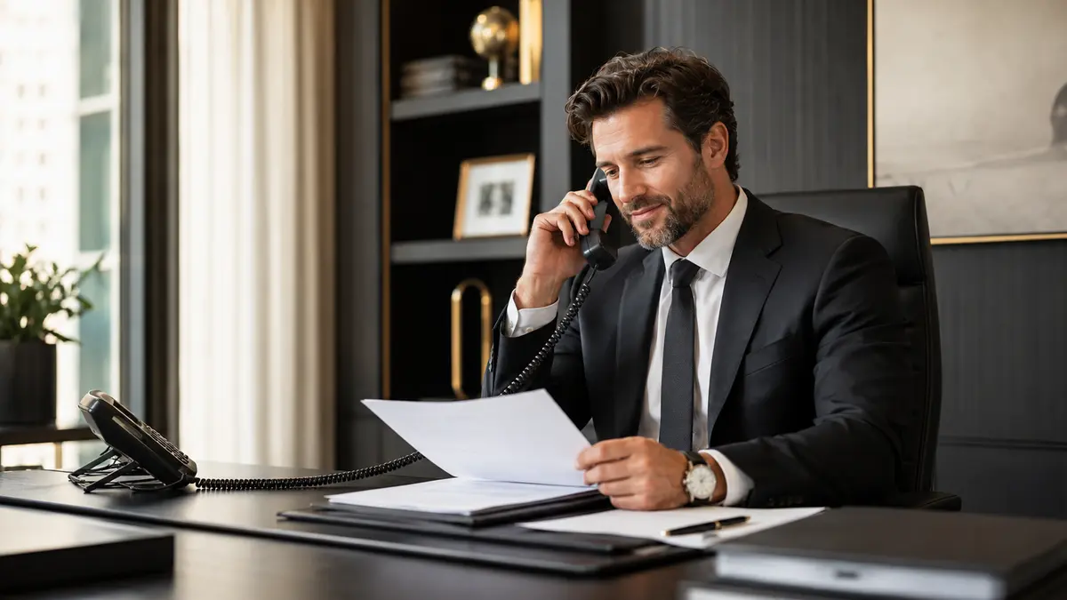 Professional business coach conducting a telephone consultation