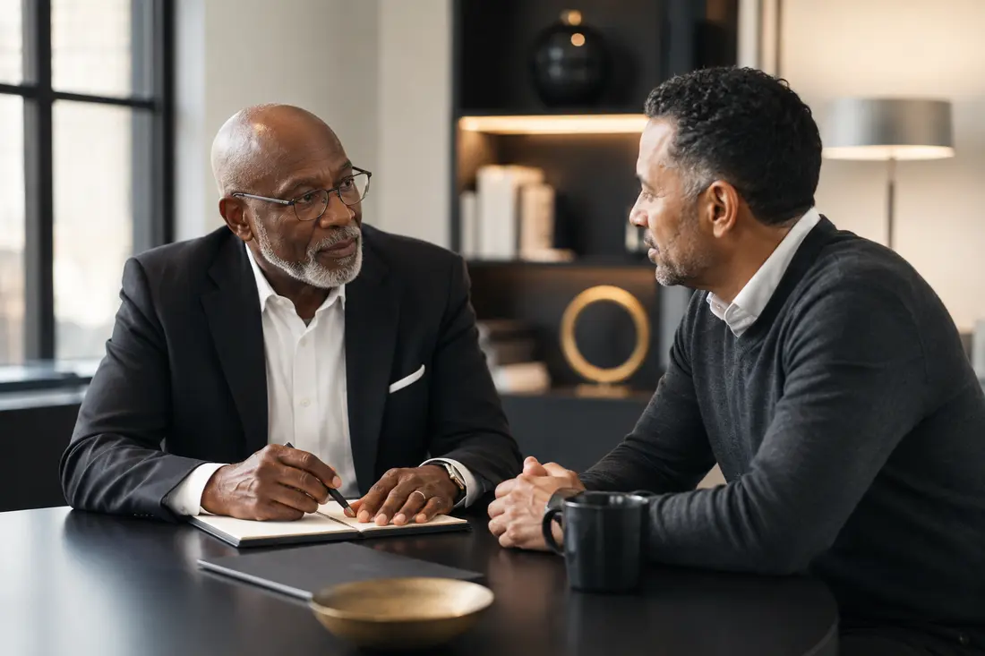 Experienced business advisor listening during a one-to-one consultation